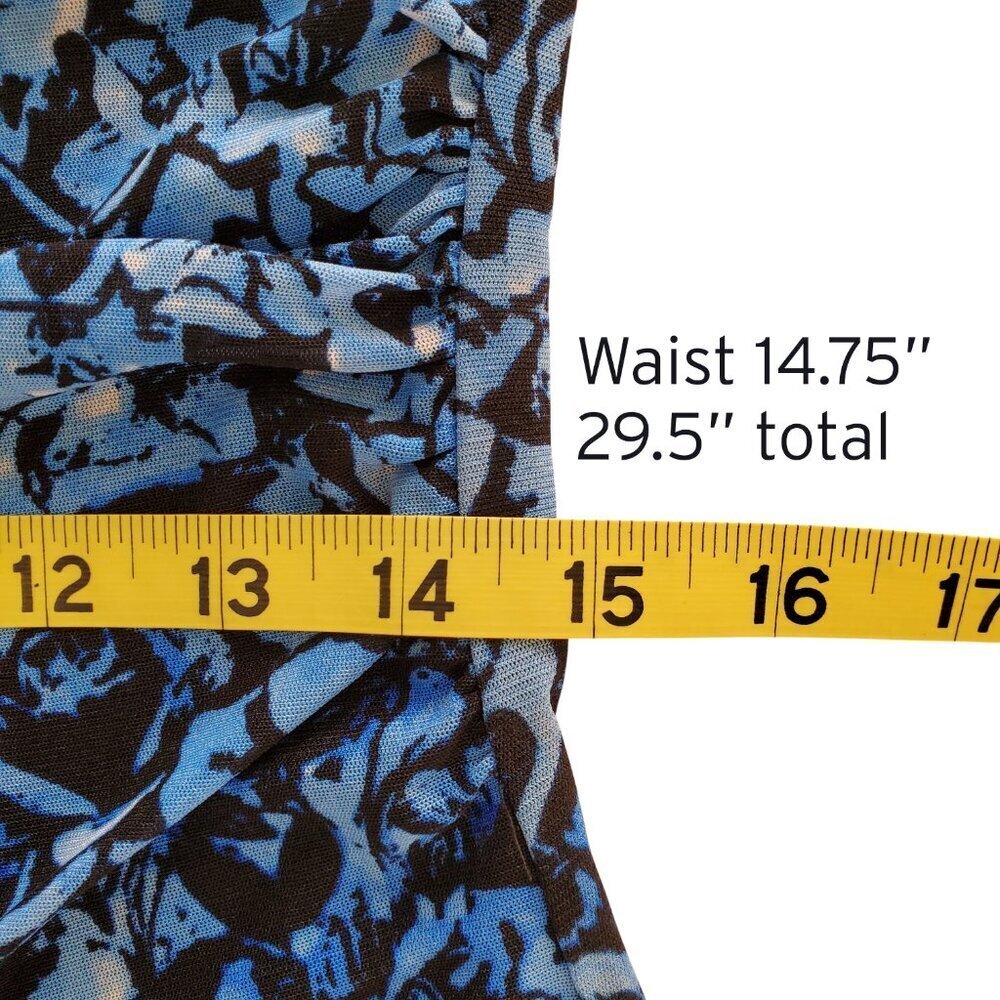 Cable & Gauge Mesh Lined Drape Neck Ruched Waist Sleeveless Blouse Blue Black M - Picture 10 of 13